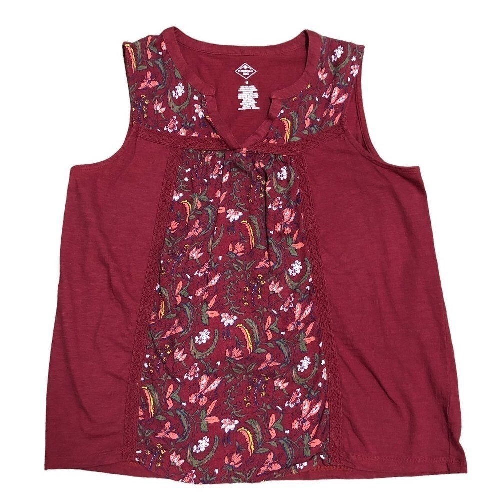ST. JOHN’S BAY Cotton Burgundy & Coral Floral Sleeveless V-Neck Top- Size Medium